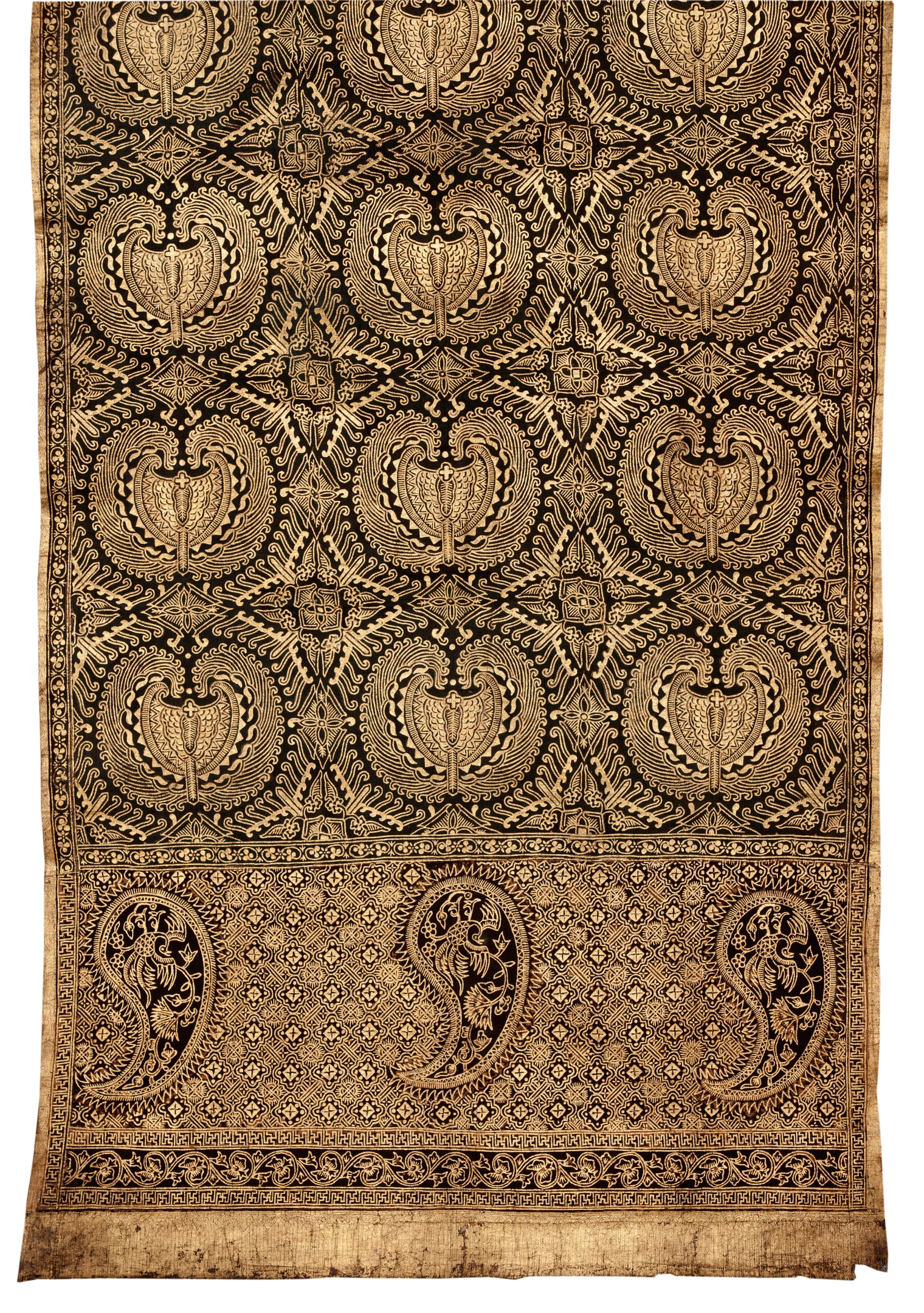 Indonesia, Central Java – Bali, Ceremonial cloth with gold leaf (kain prada), with ‘double garuda wings’ (sawat) motif, 1880–1900, possibly Lasem, Central Java, Indonesia | Courtesy of AGSA